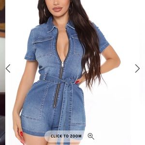 Fashion Nova denim romper in medium wash